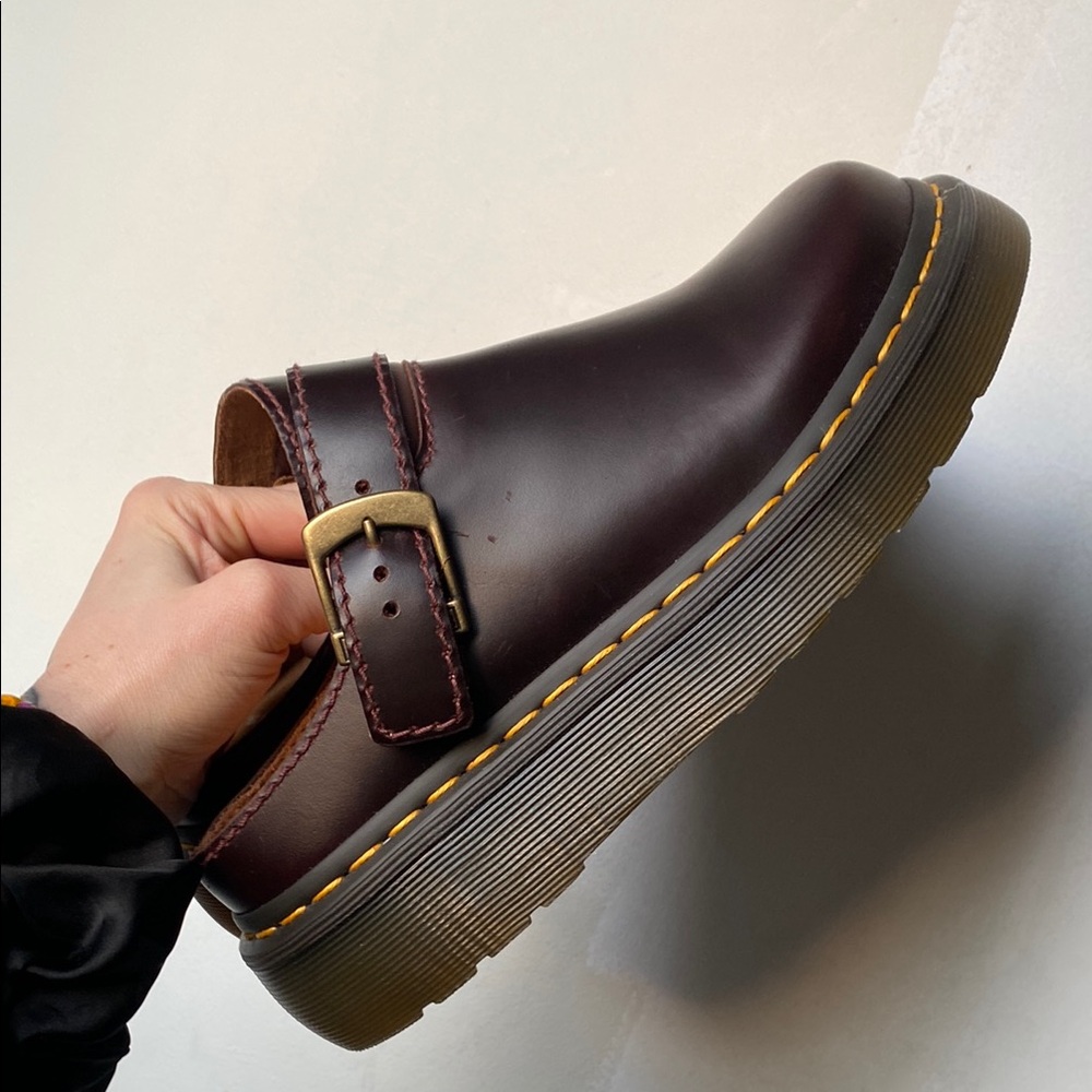 Dr. Martens Burgundy Leather Buckle Clog with Yellow Stitching